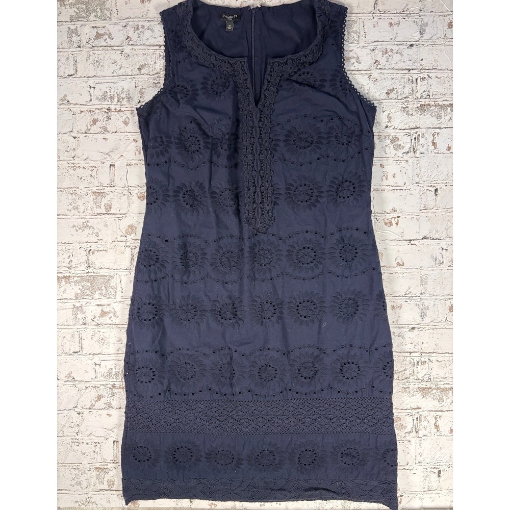 Talbots Petites Navy Blue Eyelet Cotton Shift Dress Crochet Trim 6P Sleeveless‎